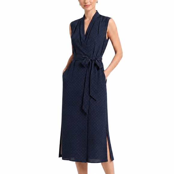 Vince Dresses & Skirts - Vince Blue Silk Polka Dot Midi Dress M Sleeveless V Neck Casual Cocktail Pockets